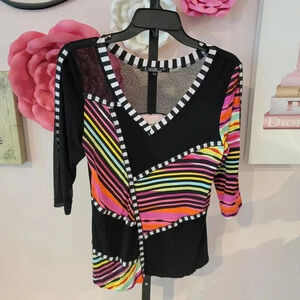 Lior Paris Checkered Mesh, Squares Tunic, Lace Shoulder & Trimmed V-Neck